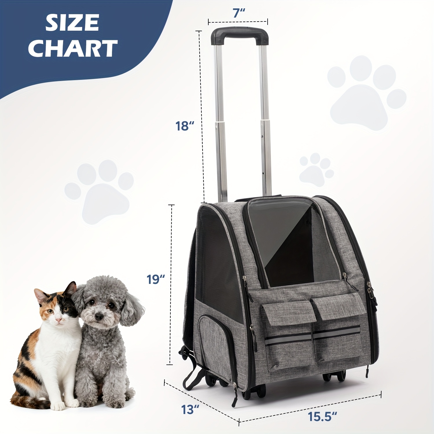 2-in-1 Trolley Pet Cat Bag | Cat Carrier with Wheels, Airline Approved Pet Carrier with Telescopic Handle, Polyester Rolling Dog Cat Carrier with Zipper Closure, Detachable Soft-Sided Travel Carrier with Shoulder Strap And Safety Leash Features