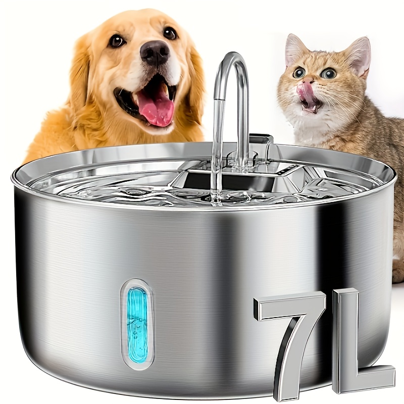 236oz/7L/1, 8gal Stainless Steel Dog Water Fountain, Automatic Pet Fountain Cat Water Dispenser With Replacement Filters For Cats, Dogs, Multiple Pets, USB Powered Dog Water Fountain With Water Level Window, (FT007 Model), Without Battery
