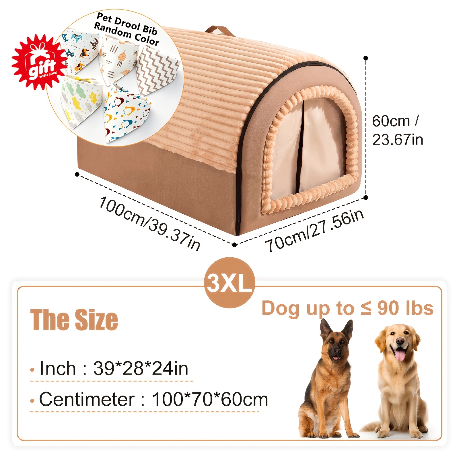 All Season 2-in-1 Foldable Dog Bed Cave, Fully Enclosed Covered Dog House with Handle, Soft Fluffy Non-slip Pet Bedding Nest for Large Medium Small Dogs Cats, Washable Detachable Anti-Slip Indoor Pet Tent with Free 1pc Pet Drool Bib
