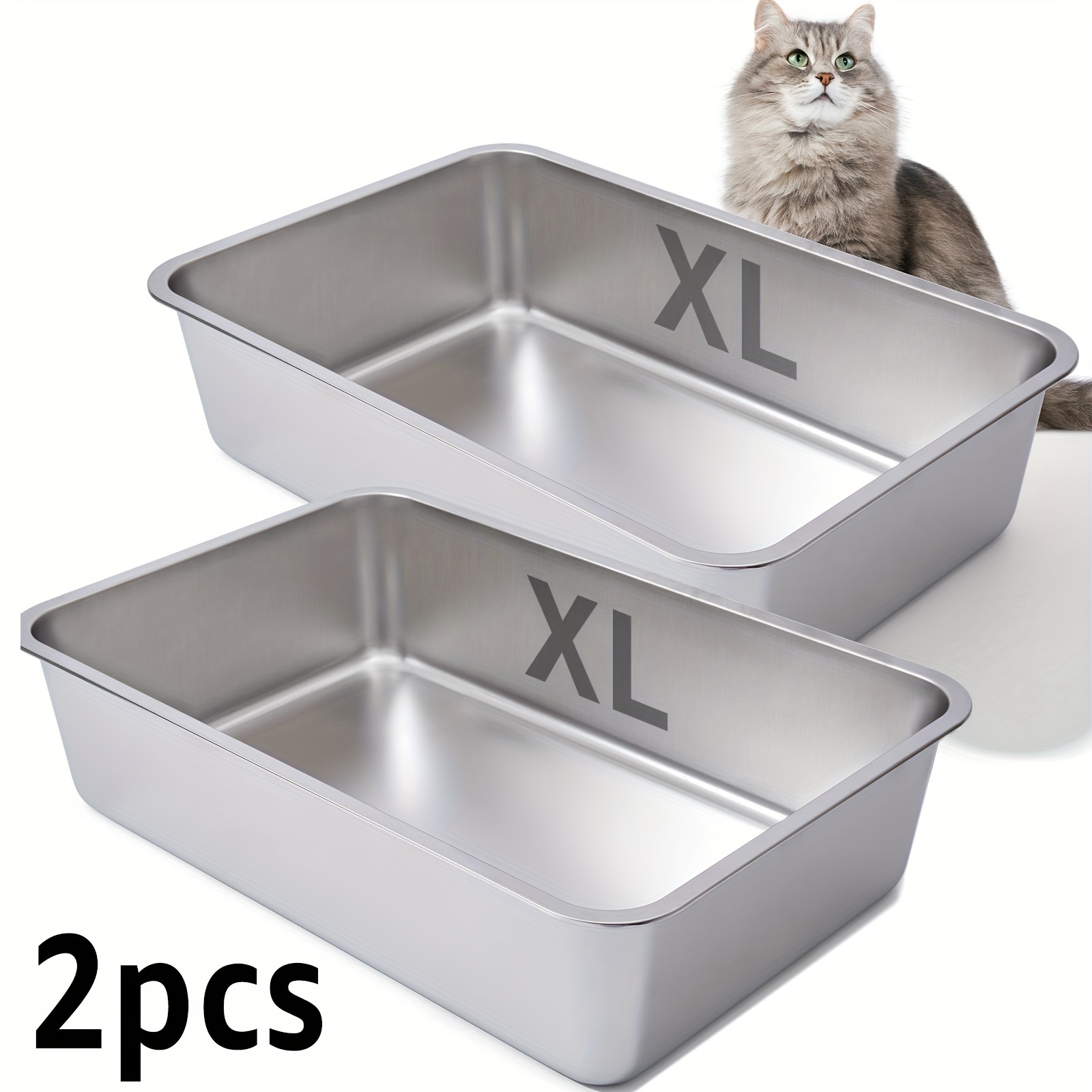 2pcs Stainless Steel Cat Litter Box, 6" Deep Stainless Steel Extra Large Cat Litter Box, XL Metal Litter Box for Big Cats, Easy to Clean, Large Cat Litter Box, 6" High Side Cat Litter Box