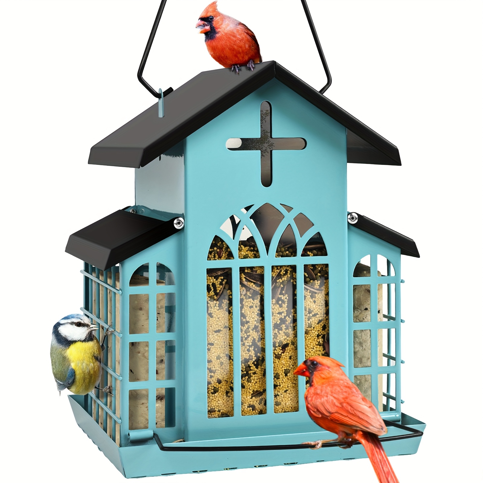 Bird Feeder for Outside Vintage Metal Outdoor, Metal Mesh Wild Bird Feeder with Triple Feeders for Finch Cardinal Chickadee, Large Capacity, Bird Feeders Outdoors Clearance, Sturdy Iron Alloy Bird Feeder with Easy-Hang Chains & Window Cut-Outs