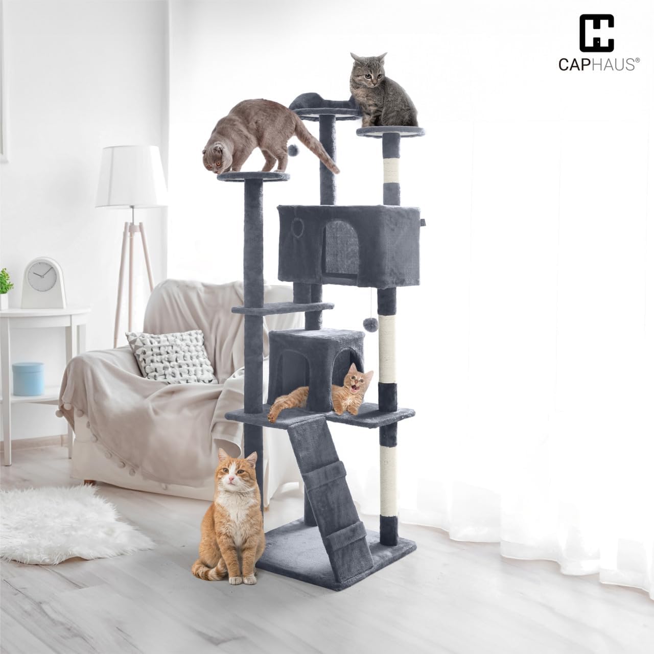 CAPHAUS Cat Tower, 74 Inch Cat Tower for Indoor w/Cat Wand Toy, Modern Cute Cat Tree w/Widened Perch for Large Cats Kittens, Multi-Level Cat Activity Tree w/Scratching Posts, Tunnel, Basket, Cat Cave Condo