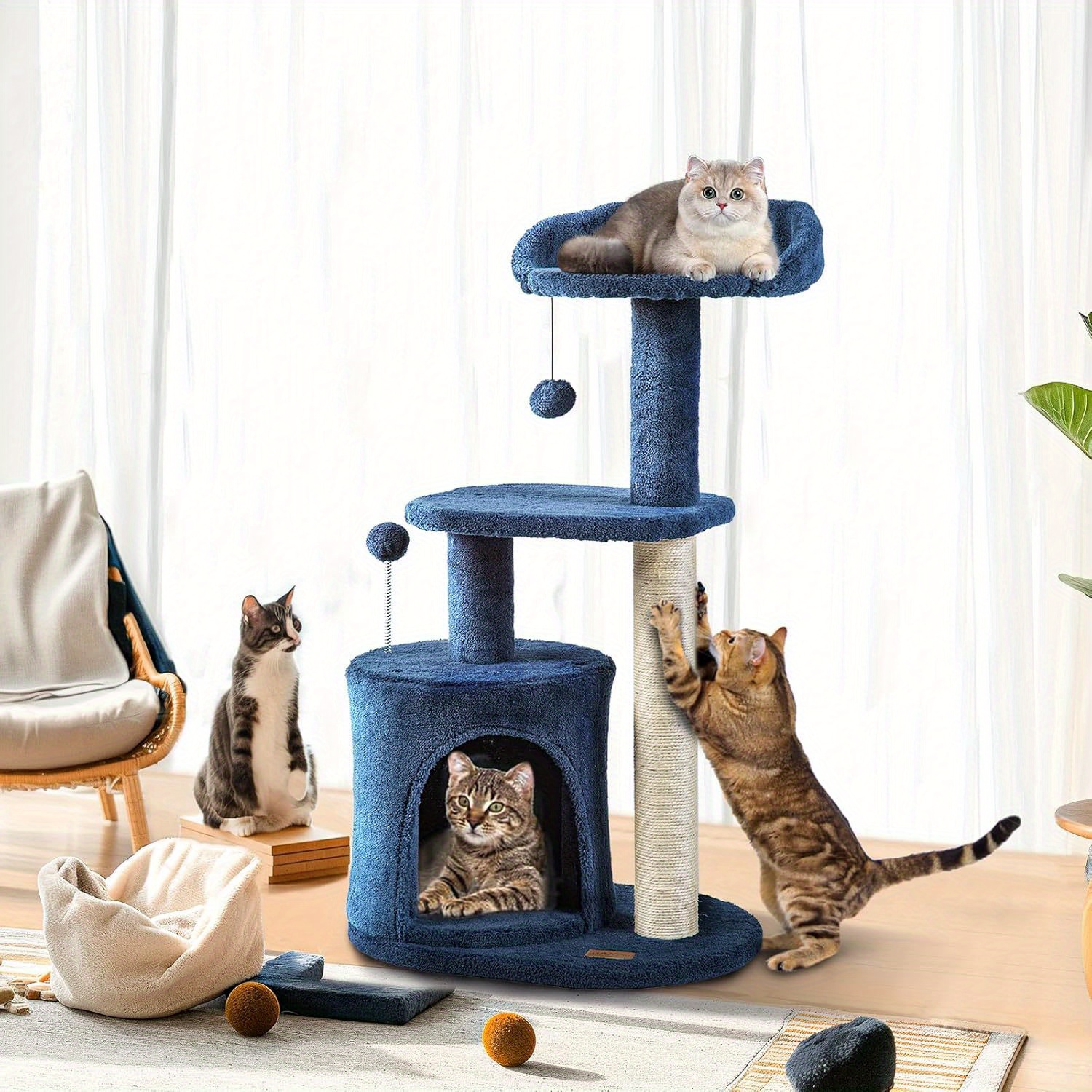 ClevaHome Deep Denim Cat Tree, 32 Inches, Cozy Condo, Sisal Scratching Post, Plush Perches, and Pompom Toys for Indoor Cats, Christmas Pet Supplies Replacement