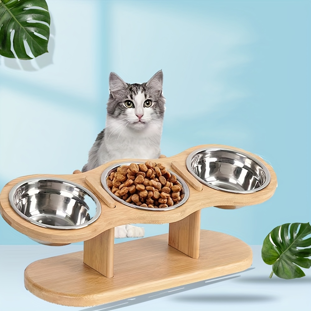Elevated Cat Bowl - 3 Stainless Steel Bowls with 15° Tilted Stand, Elevated Cat Food and Water Dish for Indoor Cats and Small Dogs