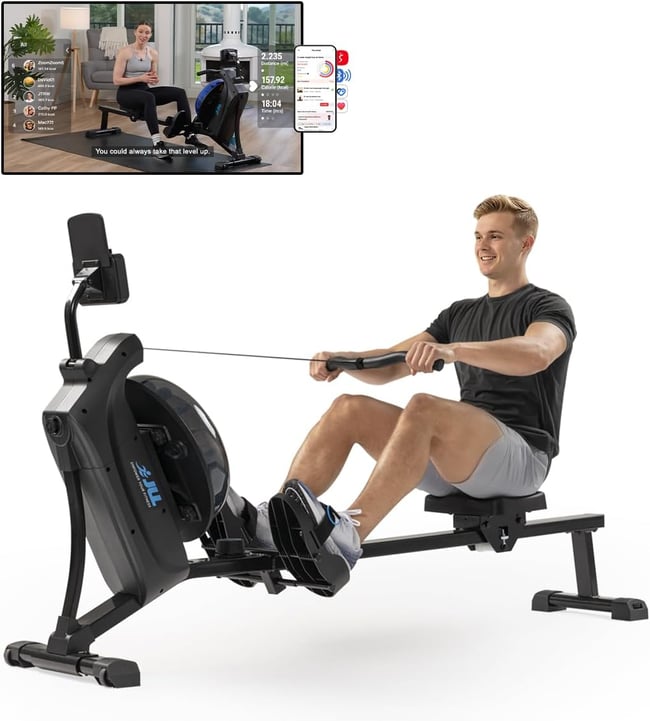 JLL Magnetic Rowing Machine – Foldable Rower for Apartments & Home Gyms, 16 Resistance Levels, Bluetooth with SunnyFit App, Easy-Glide Wheels, Tilt-to-Store Upright Design