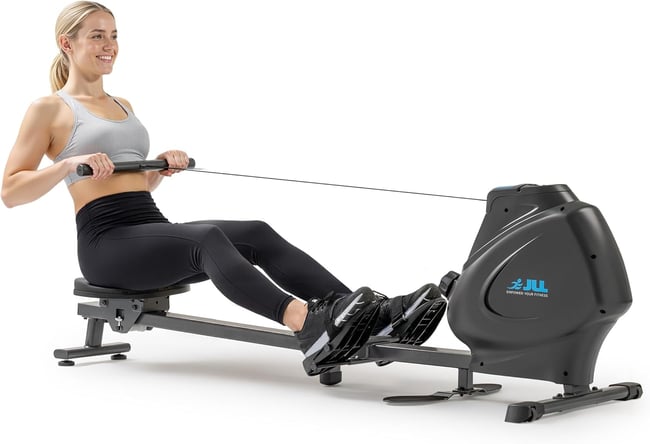 JLL Magnetic Rowing Machine – Foldable Rower for Apartments & Home Gyms, 16 Resistance Levels, Bluetooth with SunnyFit App, Easy-Glide Wheels, Tilt-to-Store Upright Design