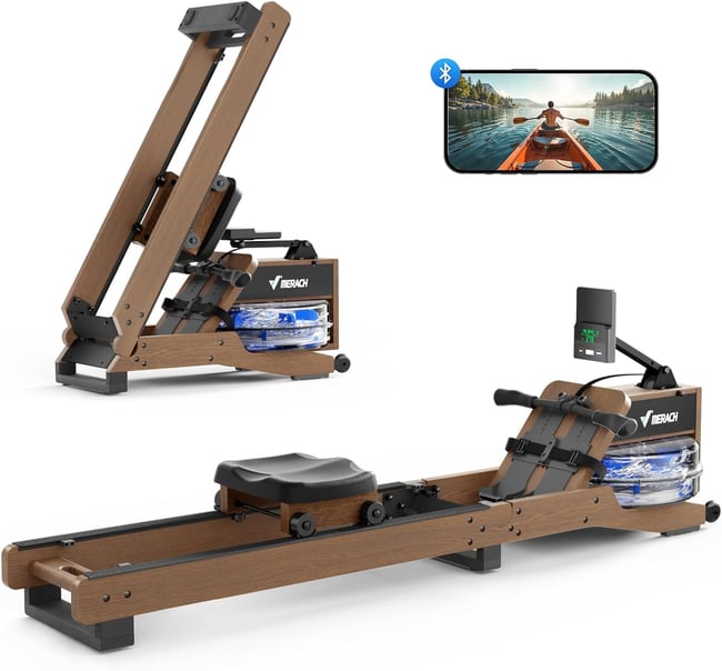 MERACH Water Rowing Machines for Home, Wood Rower Machine with 12 Enhanced Resistance Blades, Upgraded Handle, Adjustable Footpad, Dedicated Monitor & Bluetooth App