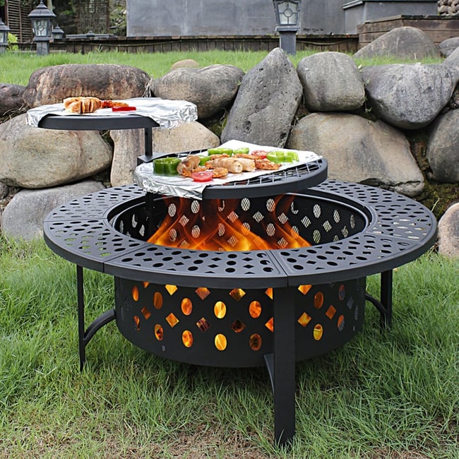 36 Inch Fire Pit with 2 Grills, Wood Burning Fire Pits for Outside with Lid, Poker and Round Waterproof Cover, BBQ & Outdoor Firepit & Round Metal Table 3 in 1 for Patio, Picnic, Party