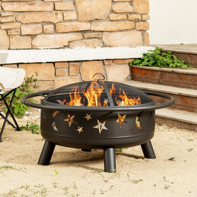 32" Round Wood Burning Fire Pit with Mesh Cover, Fire Poker, Star & Moon Cutouts, Metal Outdoor Firepit for Patio, Backyard, Garden, Bonfire, Camping
