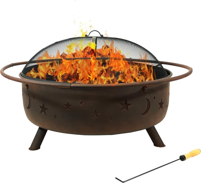 Sunnydaze Cosmic 42-Inch Large Outdoor Fire Pit - Wood-Burning Fire Pit with Round Spark Screen, Poker, and Built-in Grate