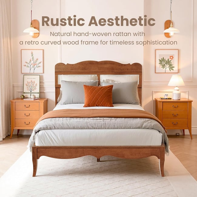 PHI VILLA Full Rattan Bed Frame with Headboard, Mid Century Modern Wooden Bed Frames, No Box Spring Needed, Brown