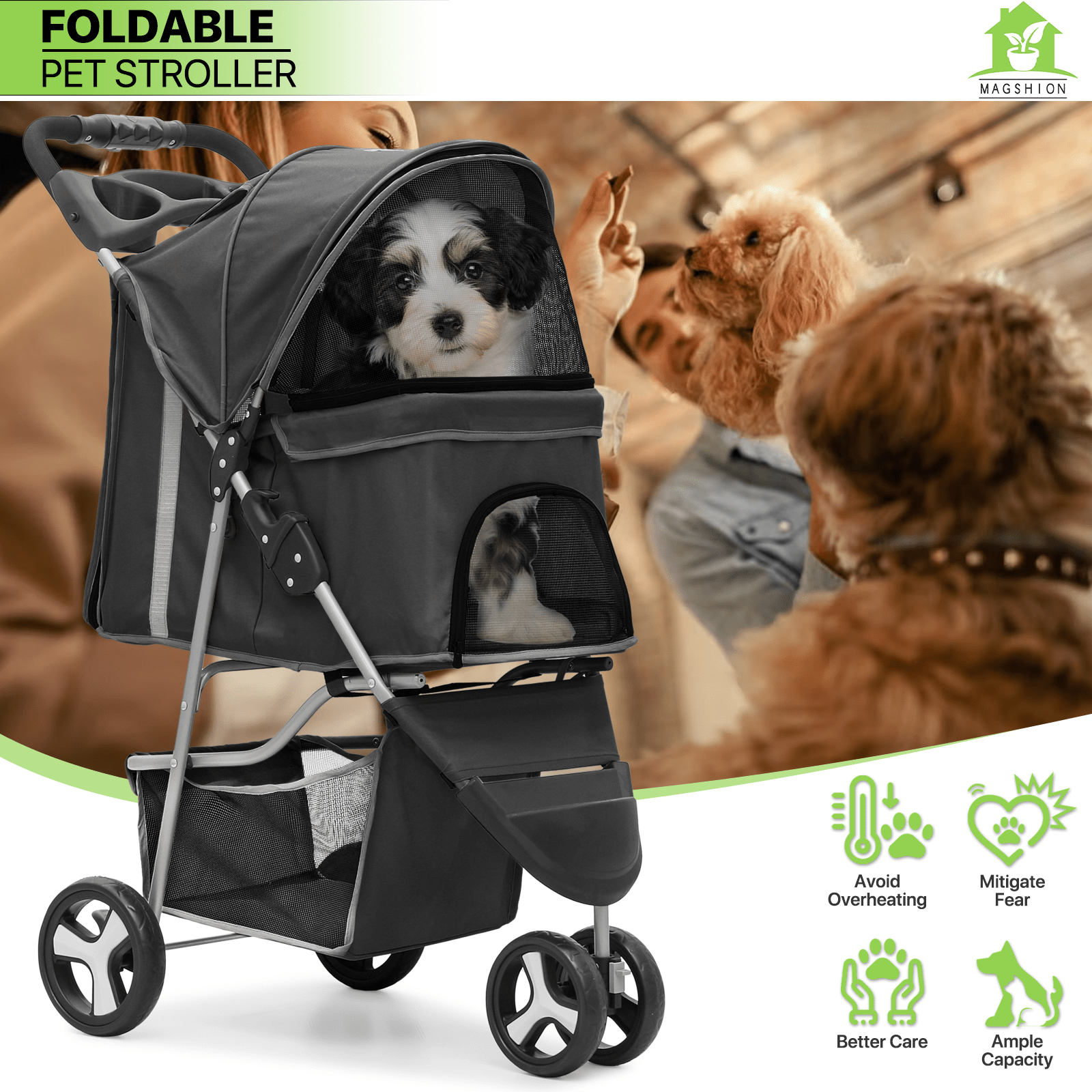 Magshion 3 Wheels Pet Dog Cat Stroller for Small Medium Dogs Cats, Foldable Jogger Stroller w/Storage Basket and Cup Holder