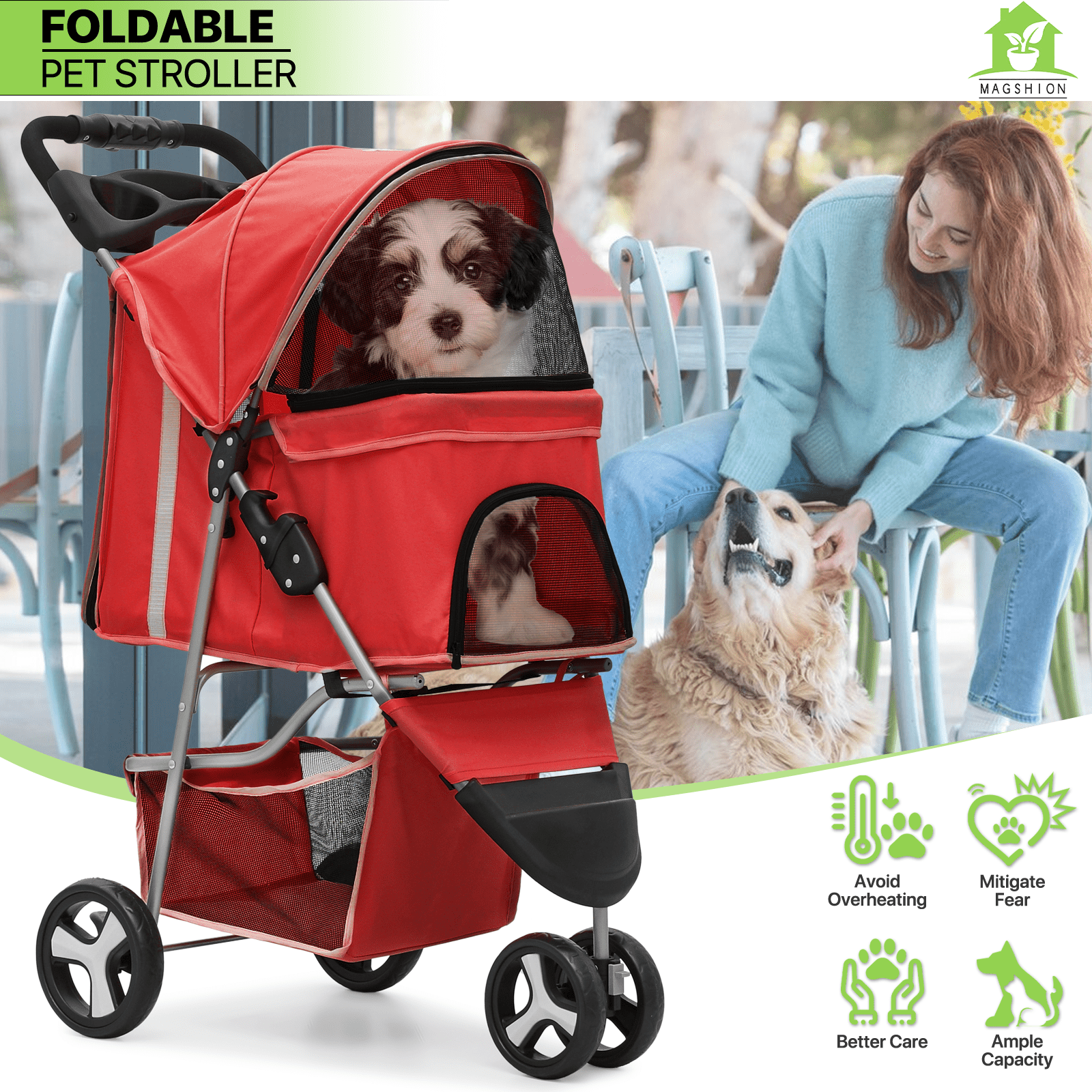 Magshion 3 Wheels Pet Dog Cat Stroller for Small Medium Dogs Cats, Foldable Jogger Stroller w/Storage Basket and Cup Holder